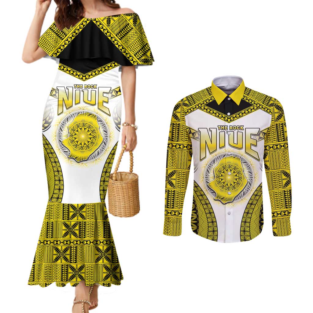 Personalised Niue The Rock Of Polynesia Couples Matching Mermaid Dress and Long Sleeve Button Shirt Peniamina Gospel Day Yellow Version