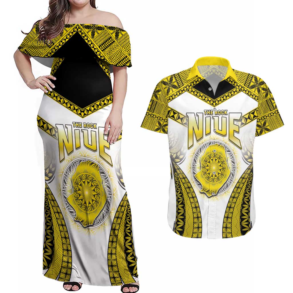 Personalised Niue The Rock Of Polynesia Couples Matching Off Shoulder Maxi Dress and Hawaiian Shirt Peniamina Gospel Day Yellow Version