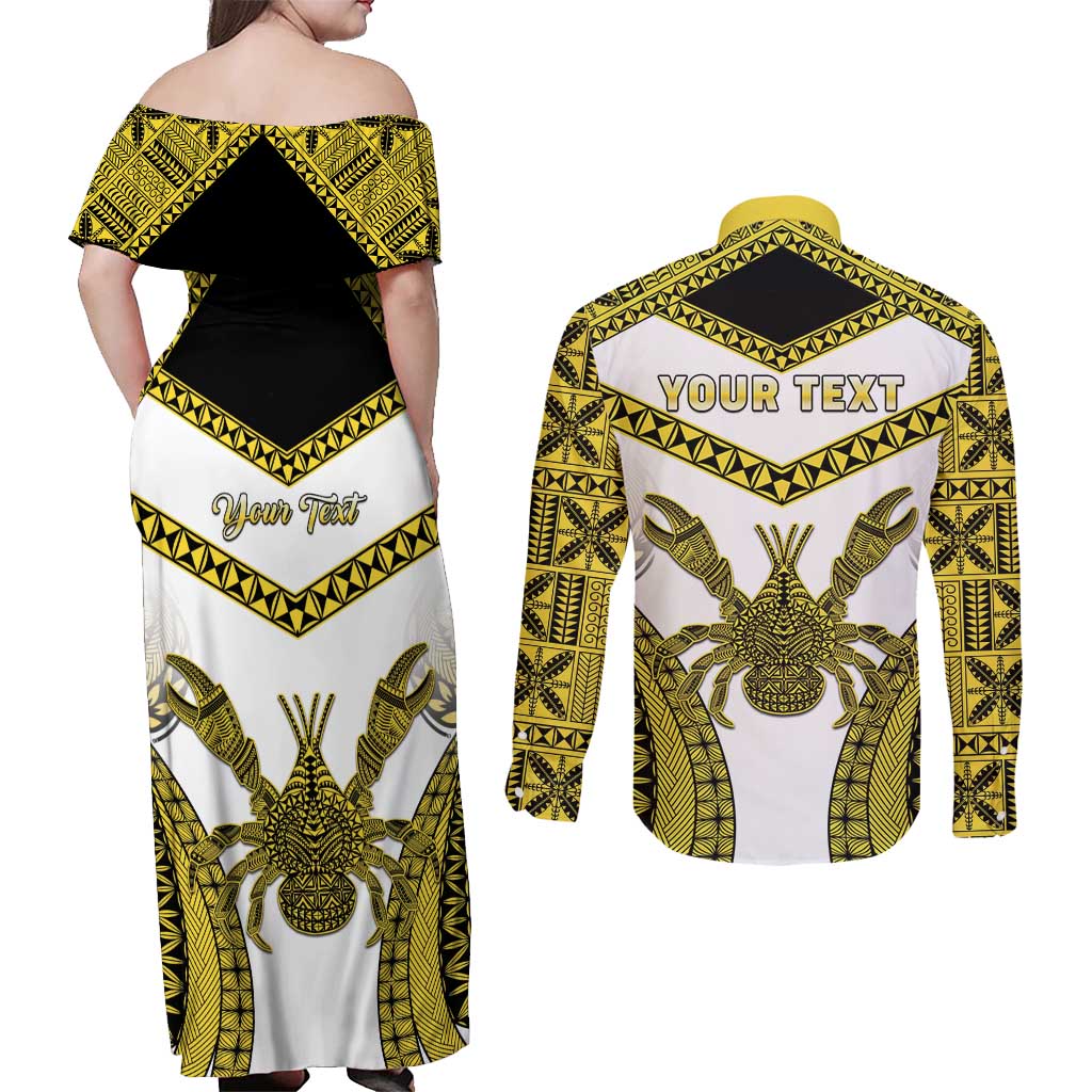 Personalised Niue The Rock Of Polynesia Couples Matching Off Shoulder Maxi Dress and Long Sleeve Button Shirt Peniamina Gospel Day Yellow Version