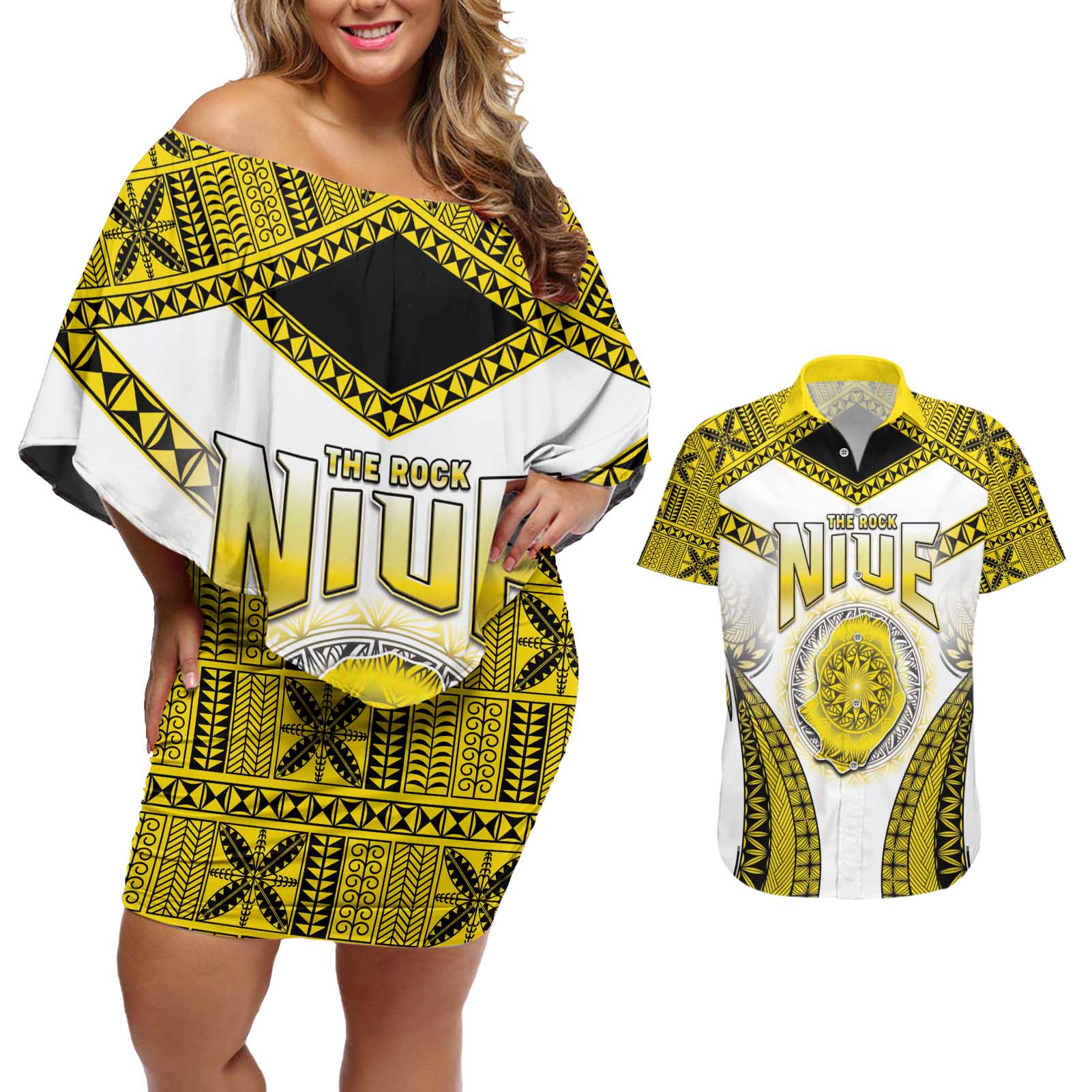 Personalised Niue The Rock Of Polynesia Couples Matching Off Shoulder Short Dress and Hawaiian Shirt Peniamina Gospel Day Yellow Version