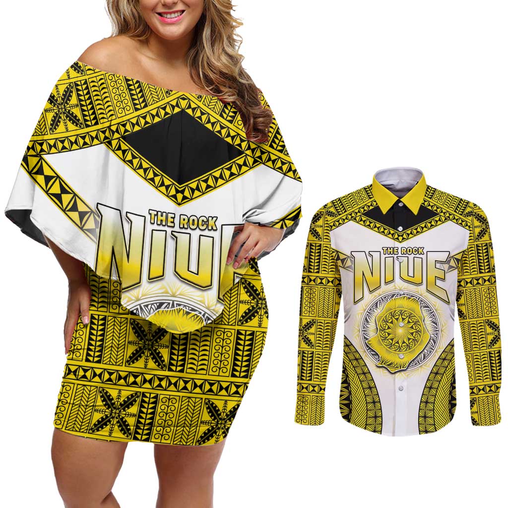 Personalised Niue The Rock Of Polynesia Couples Matching Off Shoulder Short Dress and Long Sleeve Button Shirt Peniamina Gospel Day Yellow Version