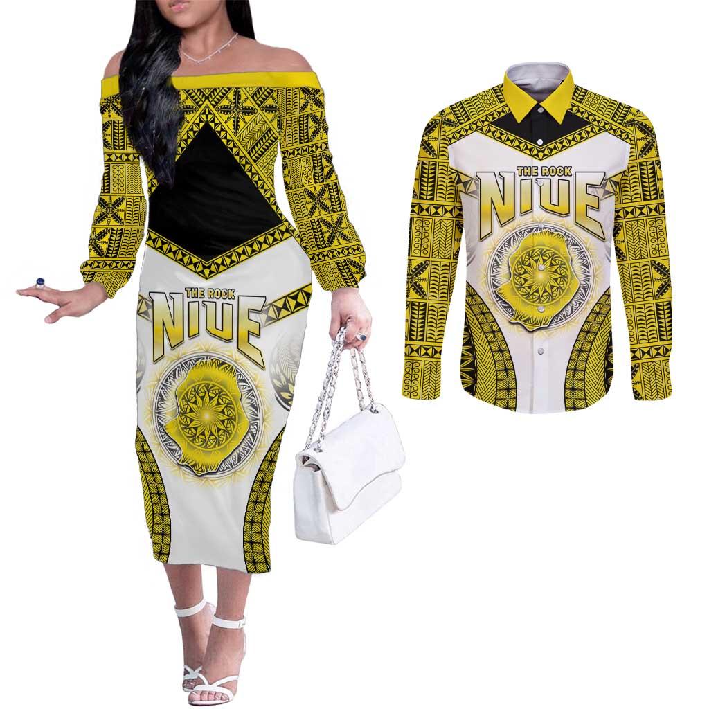 Personalised Niue The Rock Of Polynesia Couples Matching Off The Shoulder Long Sleeve Dress and Long Sleeve Button Shirt Peniamina Gospel Day Yellow Version