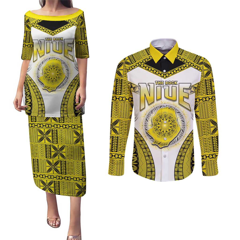Personalised Niue The Rock Of Polynesia Couples Matching Puletasi and Long Sleeve Button Shirt Peniamina Gospel Day Yellow Version