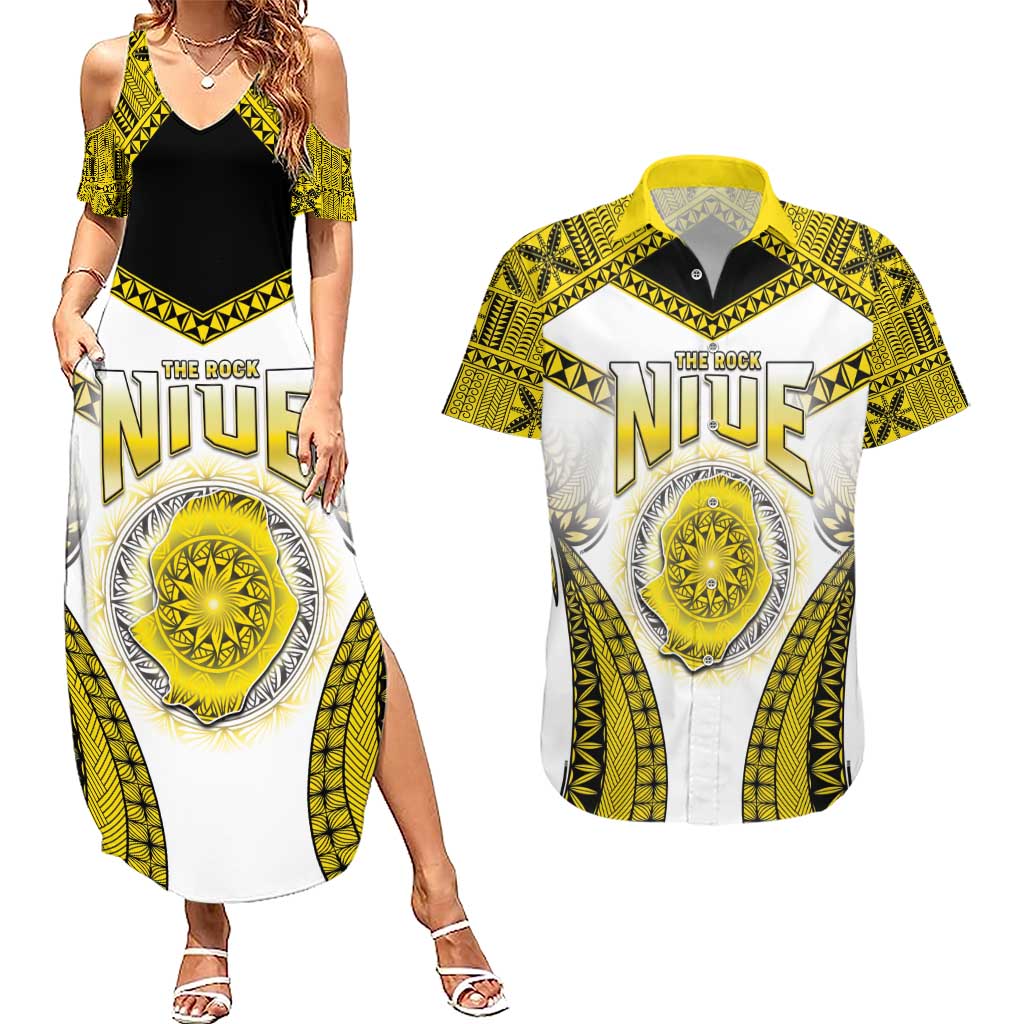 Personalised Niue The Rock Of Polynesia Couples Matching Summer Maxi Dress and Hawaiian Shirt Peniamina Gospel Day Yellow Version