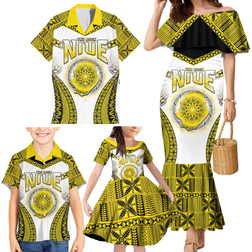 Personalised Niue The Rock Of Polynesia Family Matching Mermaid Dress and Hawaiian Shirt Peniamina Gospel Day Yellow Version