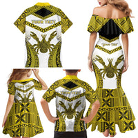 Personalised Niue The Rock Of Polynesia Family Matching Mermaid Dress and Hawaiian Shirt Peniamina Gospel Day Yellow Version