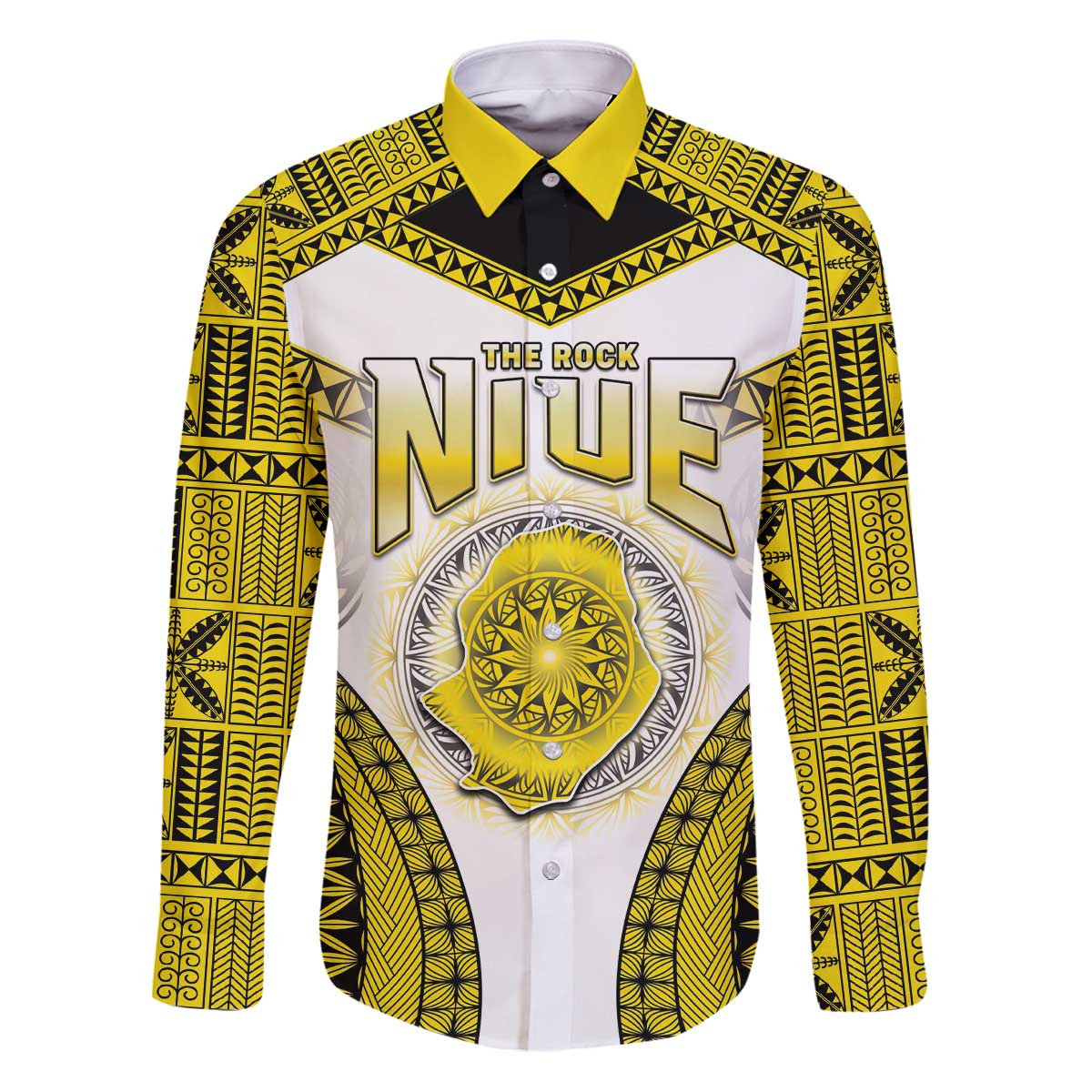 Personalised Niue The Rock Of Polynesia Family Matching Puletasi and Hawaiian Shirt Peniamina Gospel Day Yellow Version LT05 Dad's Shirt - Long Sleeve Yellow - Polynesian Pride