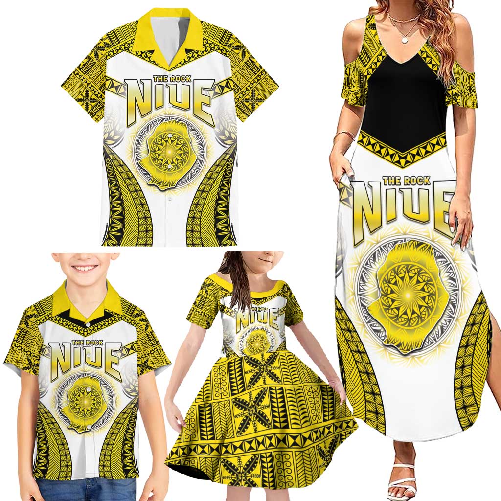 Personalised Niue The Rock Of Polynesia Family Matching Summer Maxi Dress and Hawaiian Shirt Peniamina Gospel Day Yellow Version