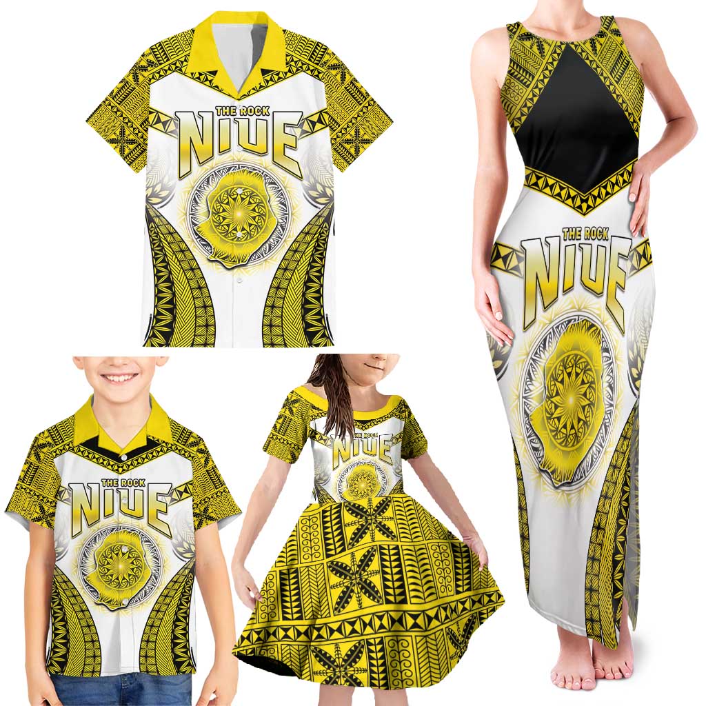 Personalised Niue The Rock Of Polynesia Family Matching Tank Maxi Dress and Hawaiian Shirt Peniamina Gospel Day Yellow Version