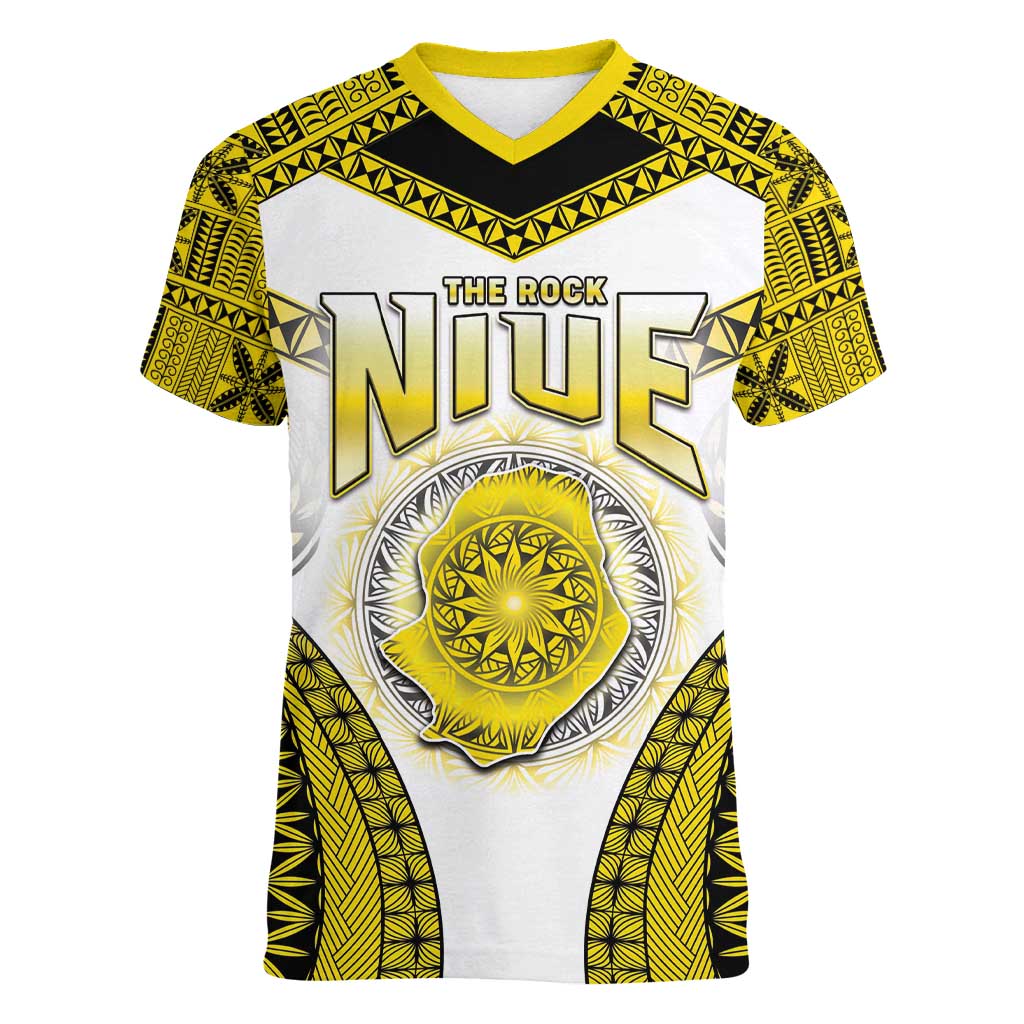 Personalised Niue The Rock Of Polynesia Women V-Neck T-Shirt Peniamina Gospel Day Yellow Version