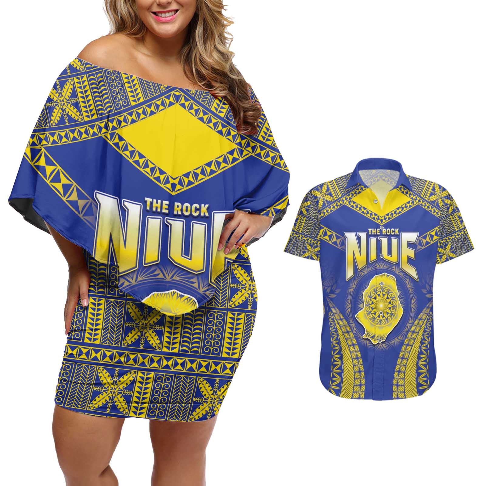 Personalised Niue The Rock Of Polynesia Couples Matching Off Shoulder Short Dress and Hawaiian Shirt Peniamina Gospel Day Blue Version