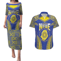 Personalised Niue The Rock Of Polynesia Couples Matching Puletasi and Hawaiian Shirt Peniamina Gospel Day Blue Version