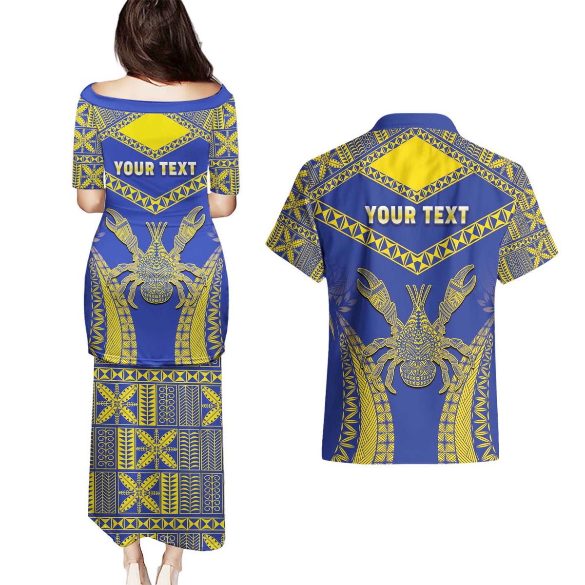 Personalised Niue The Rock Of Polynesia Couples Matching Puletasi and Hawaiian Shirt Peniamina Gospel Day Blue Version