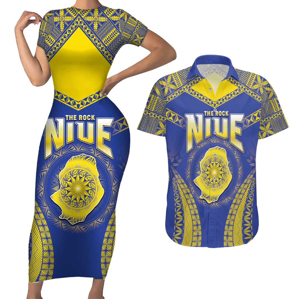 Personalised Niue The Rock Of Polynesia Couples Matching Short Sleeve Bodycon Dress and Hawaiian Shirt Peniamina Gospel Day Blue Version