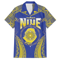 Personalised Niue The Rock Of Polynesia Family Matching Off The Shoulder Long Sleeve Dress and Hawaiian Shirt Peniamina Gospel Day Blue Version