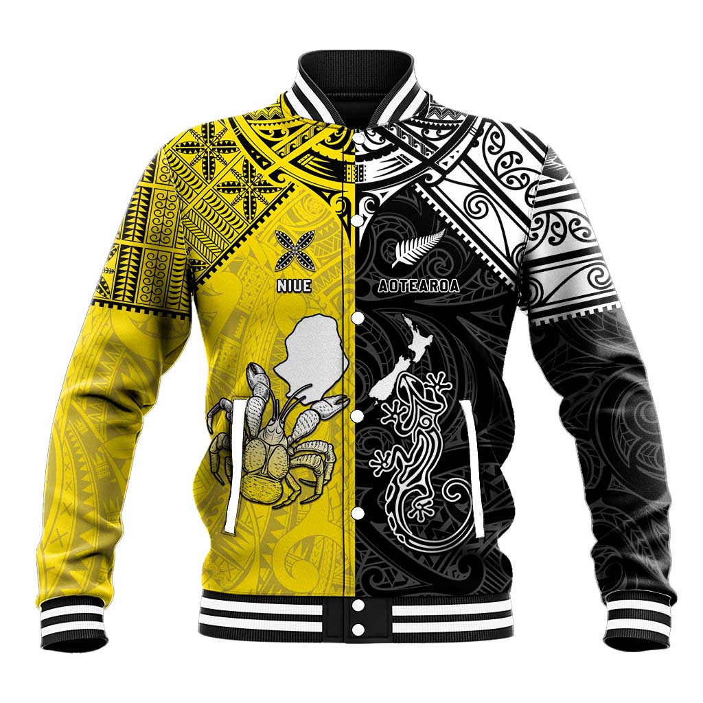 Custom New Zealand Maori And Niue Hiapo Baseball Jacket Lizard And Coconut Crab Together LT05 Unisex Yellow - Polynesian Pride