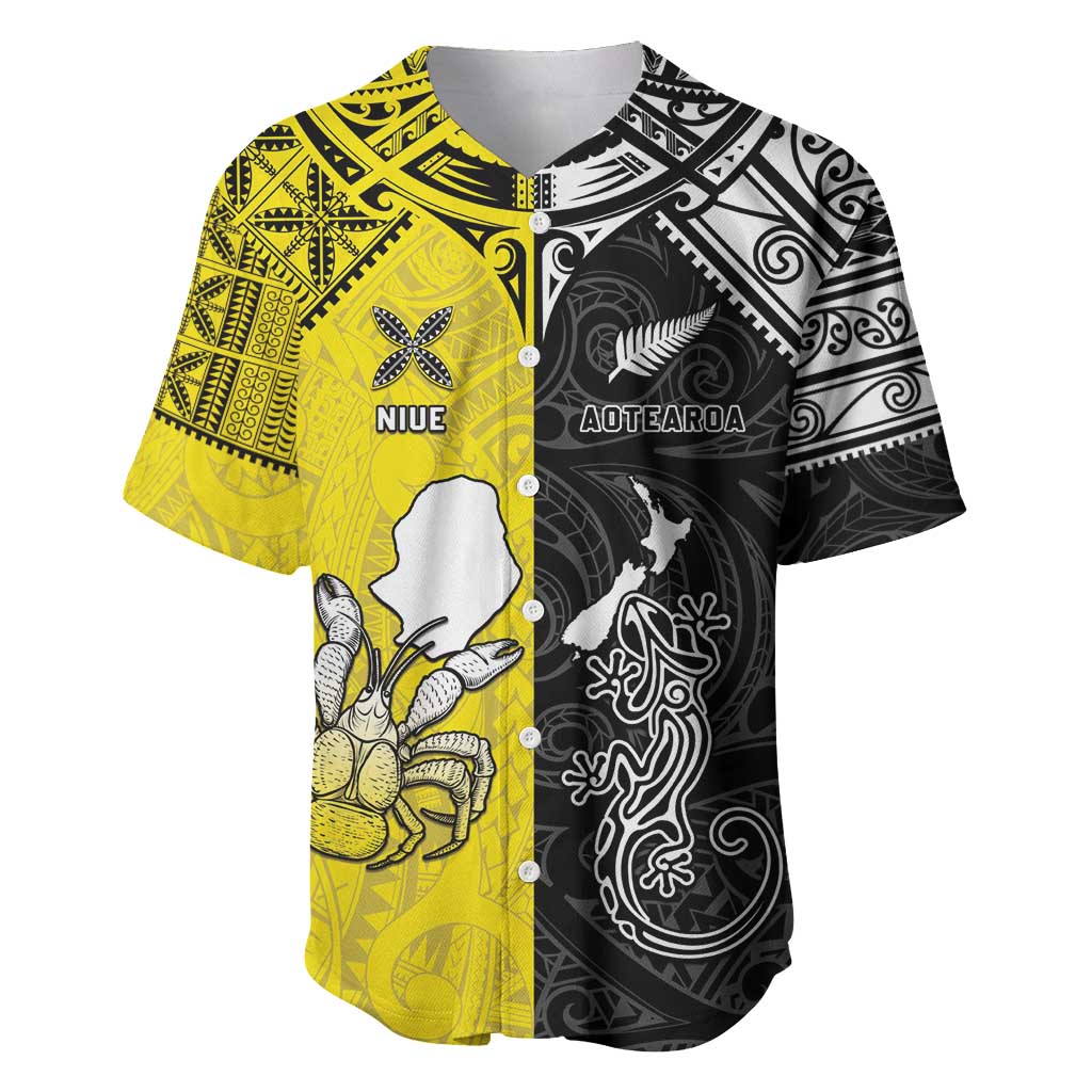 Custom New Zealand Maori And Niue Hiapo Baseball Jersey Lizard And Coconut Crab Together