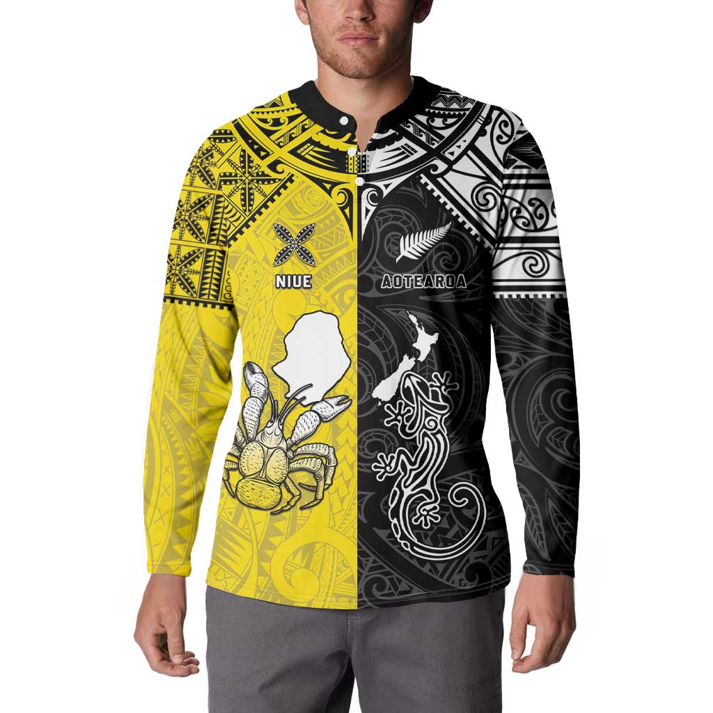 Custom New Zealand Maori And Niue Hiapo Button Sweatshirt Lizard And Coconut Crab Together