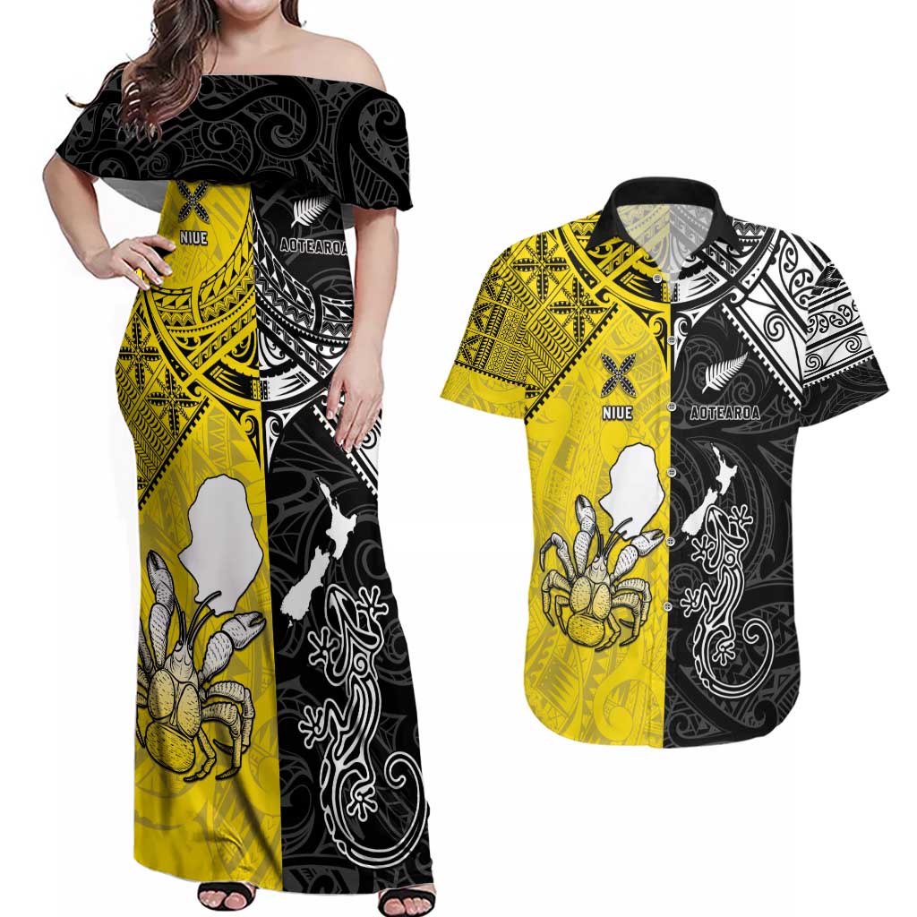 Custom New Zealand Maori And Niue Hiapo Couples Matching Off Shoulder Maxi Dress and Hawaiian Shirt Lizard And Coconut Crab Together