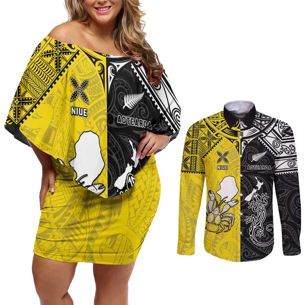 Custom New Zealand Maori And Niue Hiapo Couples Matching Off Shoulder Short Dress and Long Sleeve Button Shirt Lizard And Coconut Crab Together