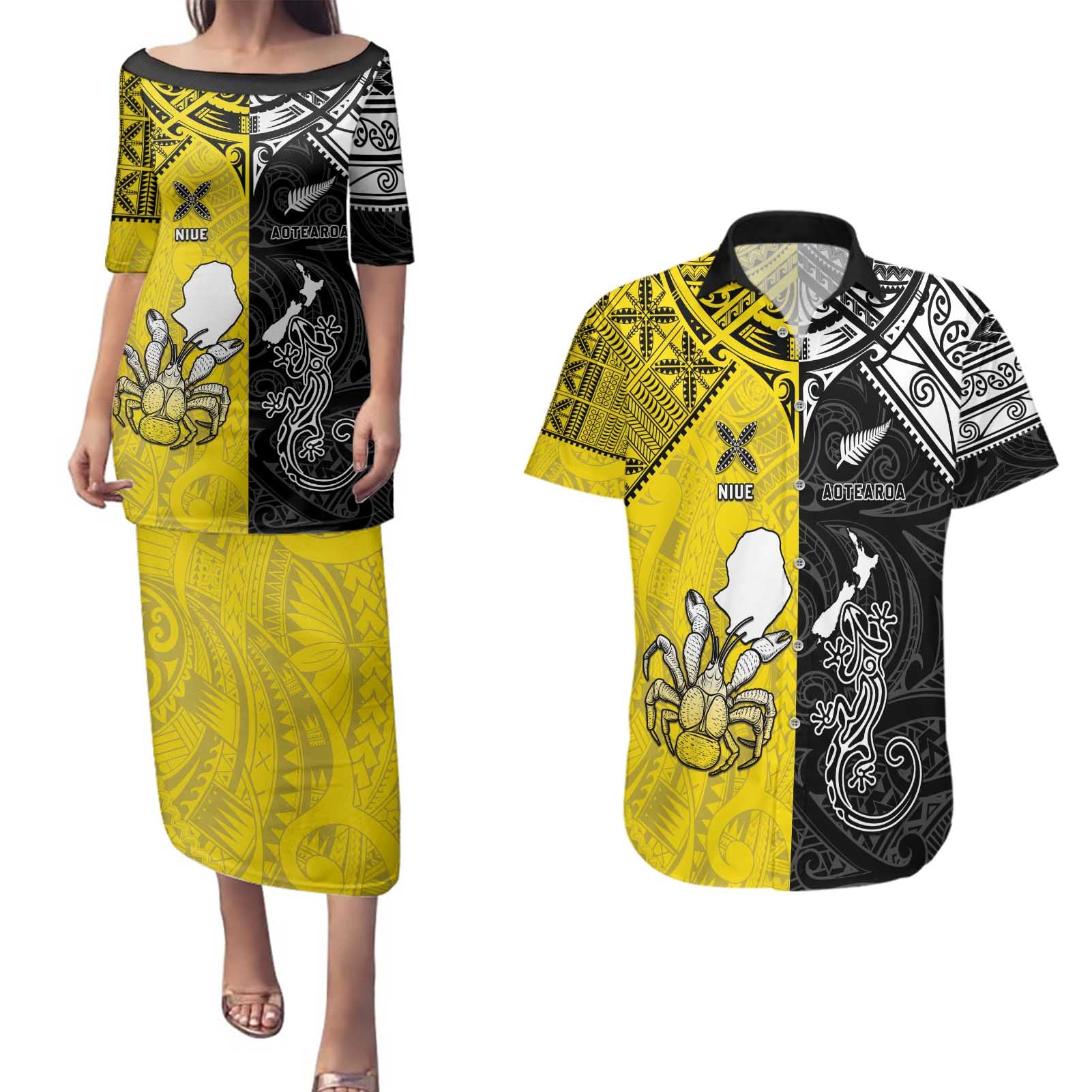 Custom New Zealand Maori And Niue Hiapo Couples Matching Puletasi and Hawaiian Shirt Lizard And Coconut Crab Together