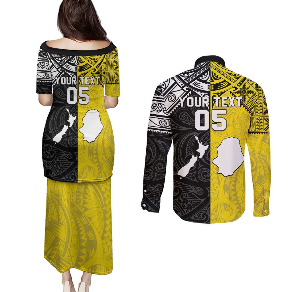 Custom New Zealand Maori And Niue Hiapo Couples Matching Puletasi and Long Sleeve Button Shirt Lizard And Coconut Crab Together