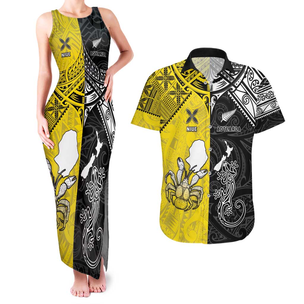 Custom New Zealand Maori And Niue Hiapo Couples Matching Tank Maxi Dress and Hawaiian Shirt Lizard And Coconut Crab Together LT05 Yellow - Polynesian Pride