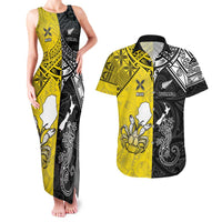 Custom New Zealand Maori And Niue Hiapo Couples Matching Tank Maxi Dress and Hawaiian Shirt Lizard And Coconut Crab Together LT05 Yellow - Polynesian Pride