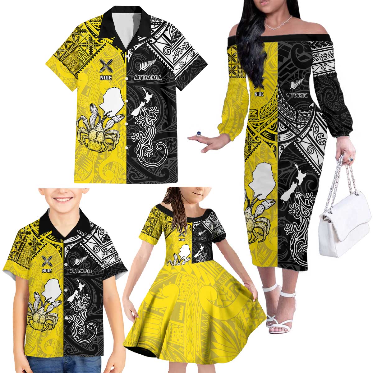 Custom New Zealand Maori And Niue Hiapo Family Matching Off The Shoulder Long Sleeve Dress and Hawaiian Shirt Lizard And Coconut Crab Together