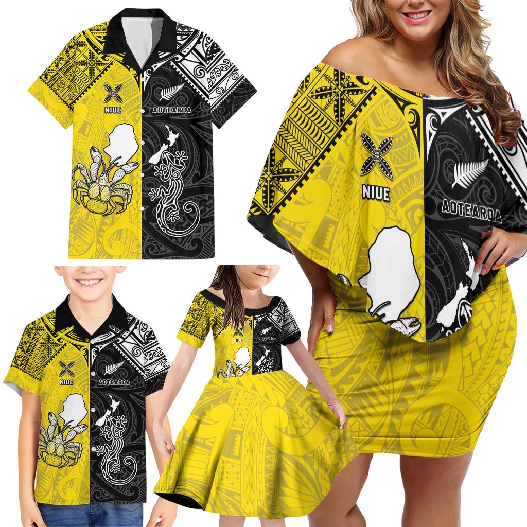 Custom New Zealand Maori And Niue Hiapo Family Matching Off Shoulder Short Dress and Hawaiian Shirt Lizard And Coconut Crab Together