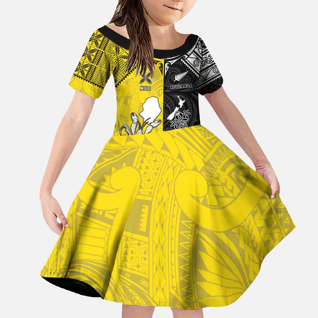 Custom New Zealand Maori And Niue Hiapo Family Matching Tank Maxi Dress and Hawaiian Shirt Lizard And Coconut Crab Together LT05 Daughter's Dress Yellow - Polynesian Pride