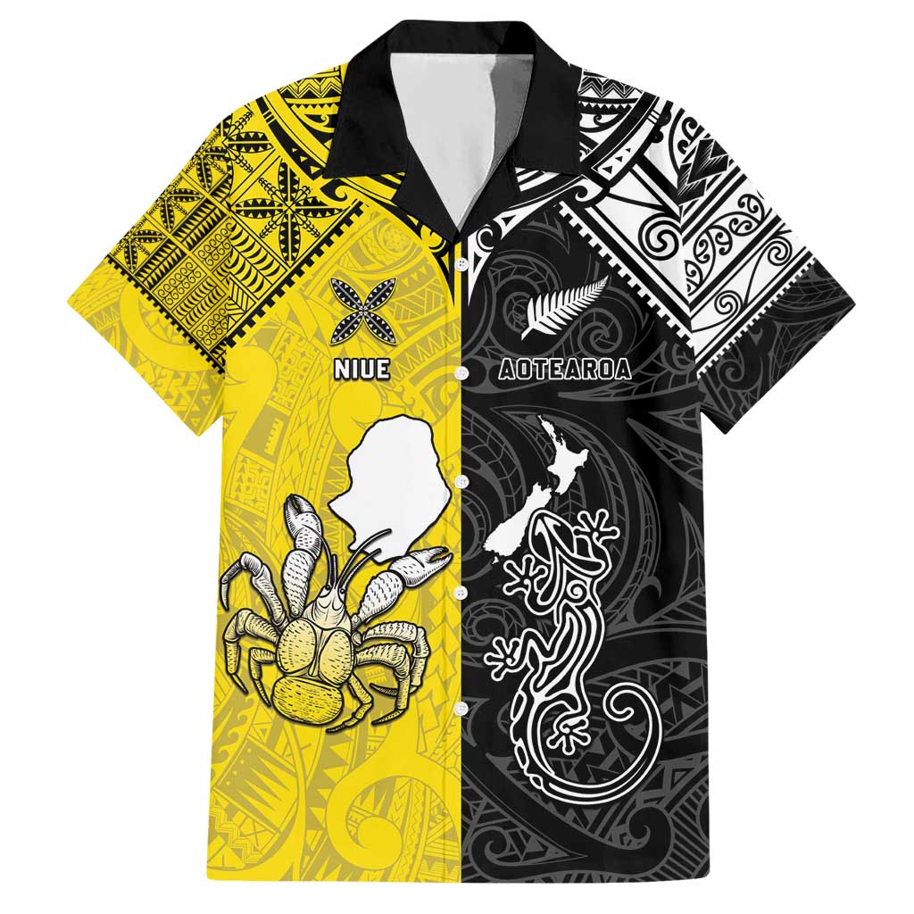 Custom New Zealand Maori And Niue Hiapo Hawaiian Shirt Lizard And Coconut Crab Together