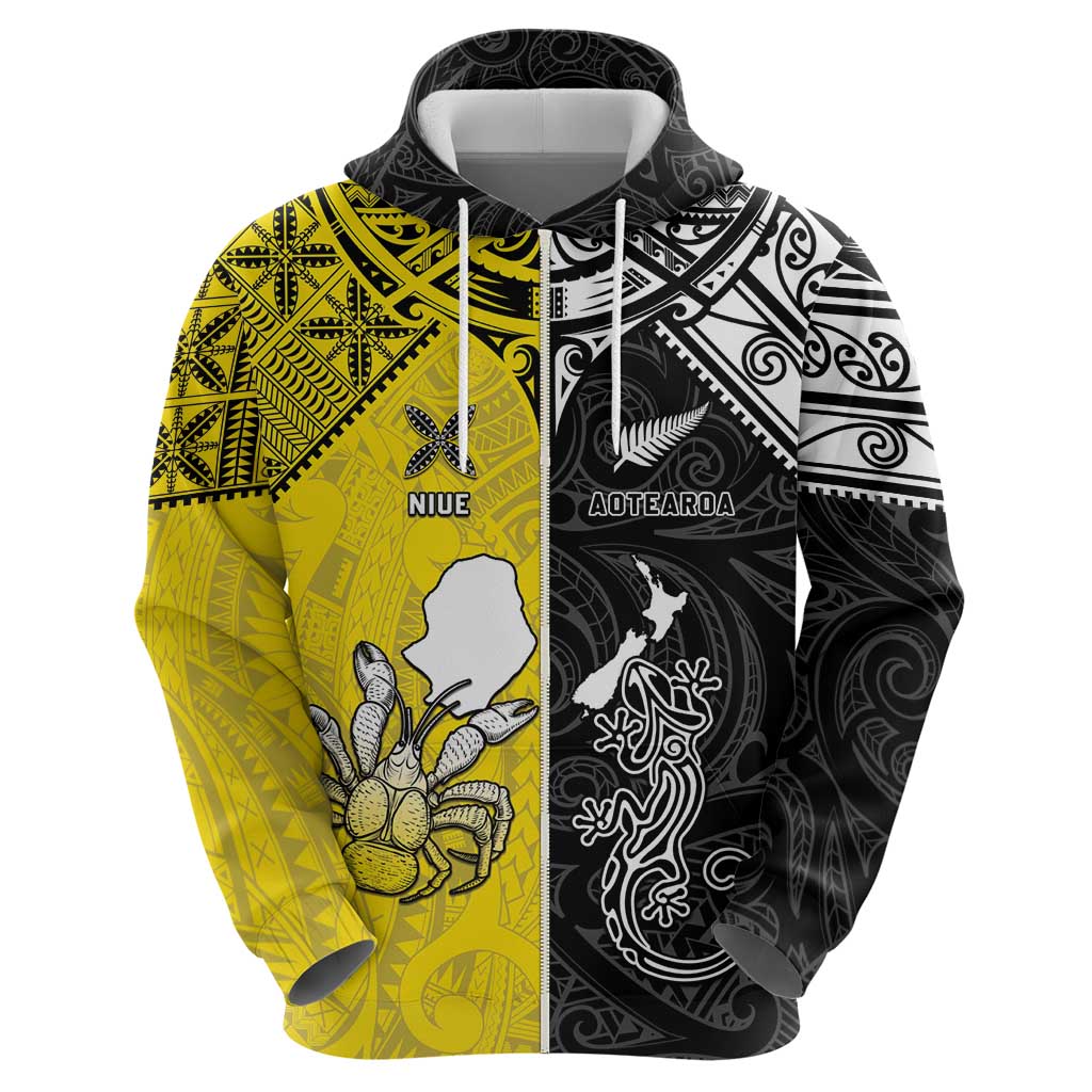 Custom New Zealand Maori And Niue Hiapo Hoodie Lizard And Coconut Crab Together LT05 - Polynesian Pride