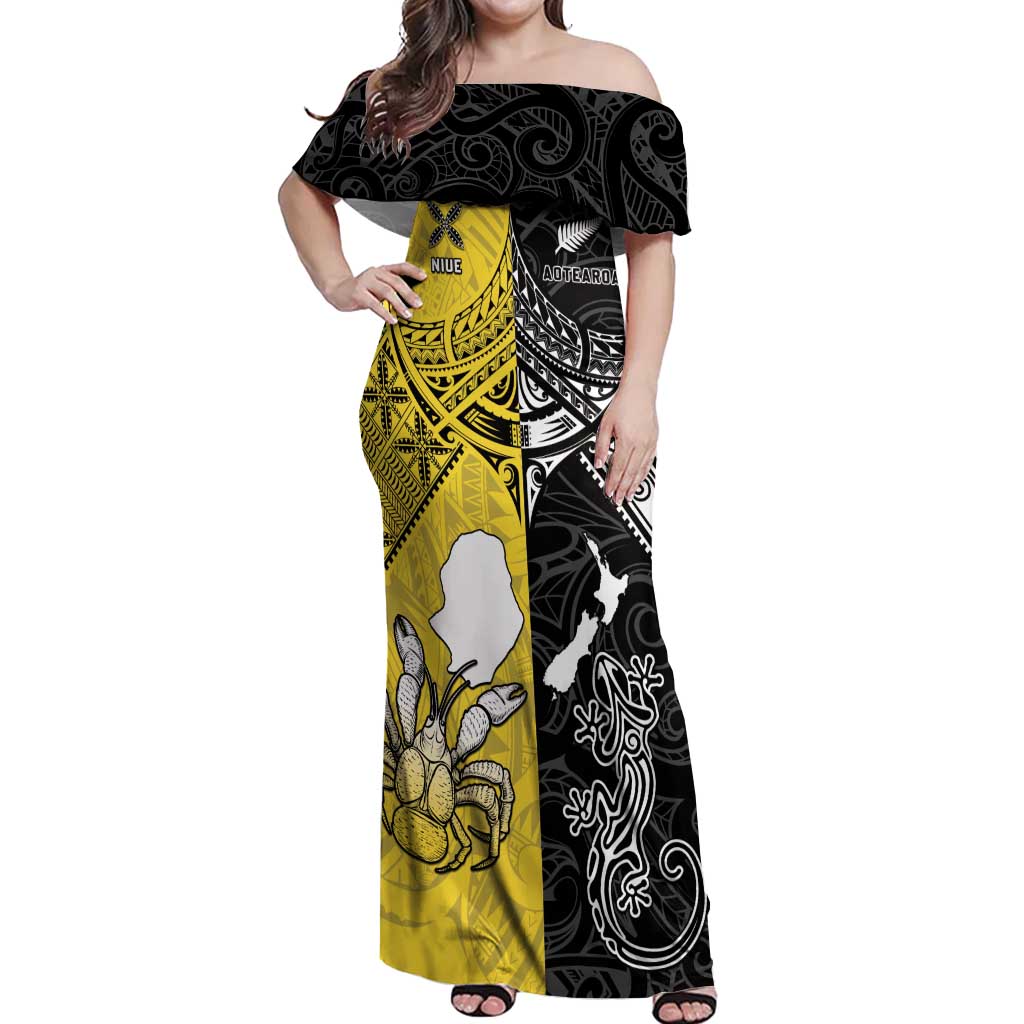 Custom New Zealand Maori And Niue Hiapo Off Shoulder Maxi Dress Lizard And Coconut Crab Together