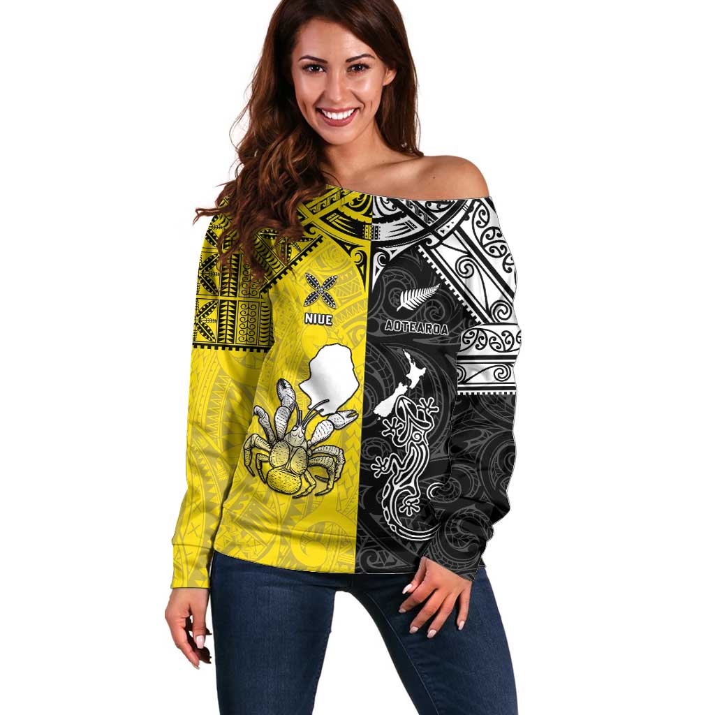 Custom New Zealand Maori And Niue Hiapo Off Shoulder Sweater Lizard And Coconut Crab Together