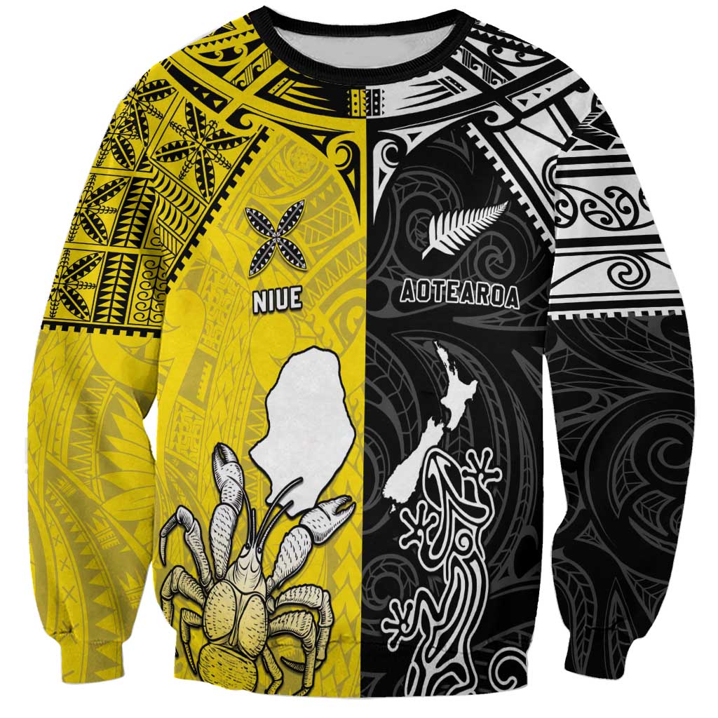 Custom New Zealand Maori And Niue Hiapo Sweatshirt Lizard And Coconut Crab Together