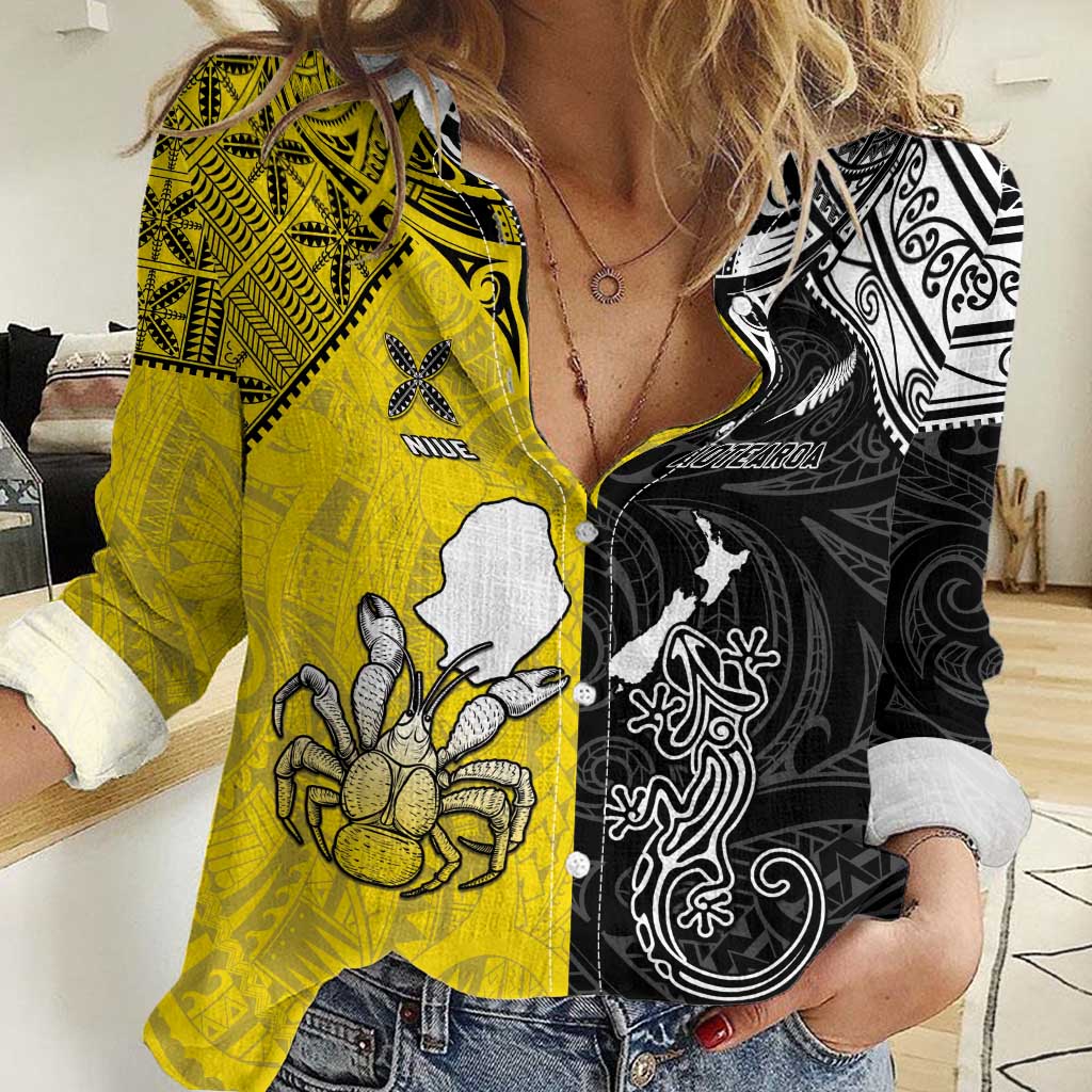Custom New Zealand Maori And Niue Hiapo Women Casual Shirt Lizard And Coconut Crab Together