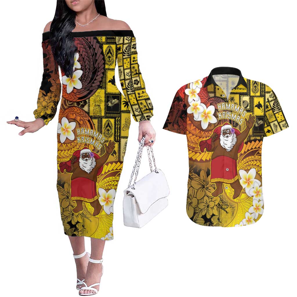 Papua New Guinea Retro Christmas Couples Matching Off The Shoulder Long Sleeve Dress and Hawaiian Shirt Hamamas Krismas - Polynesian Pride