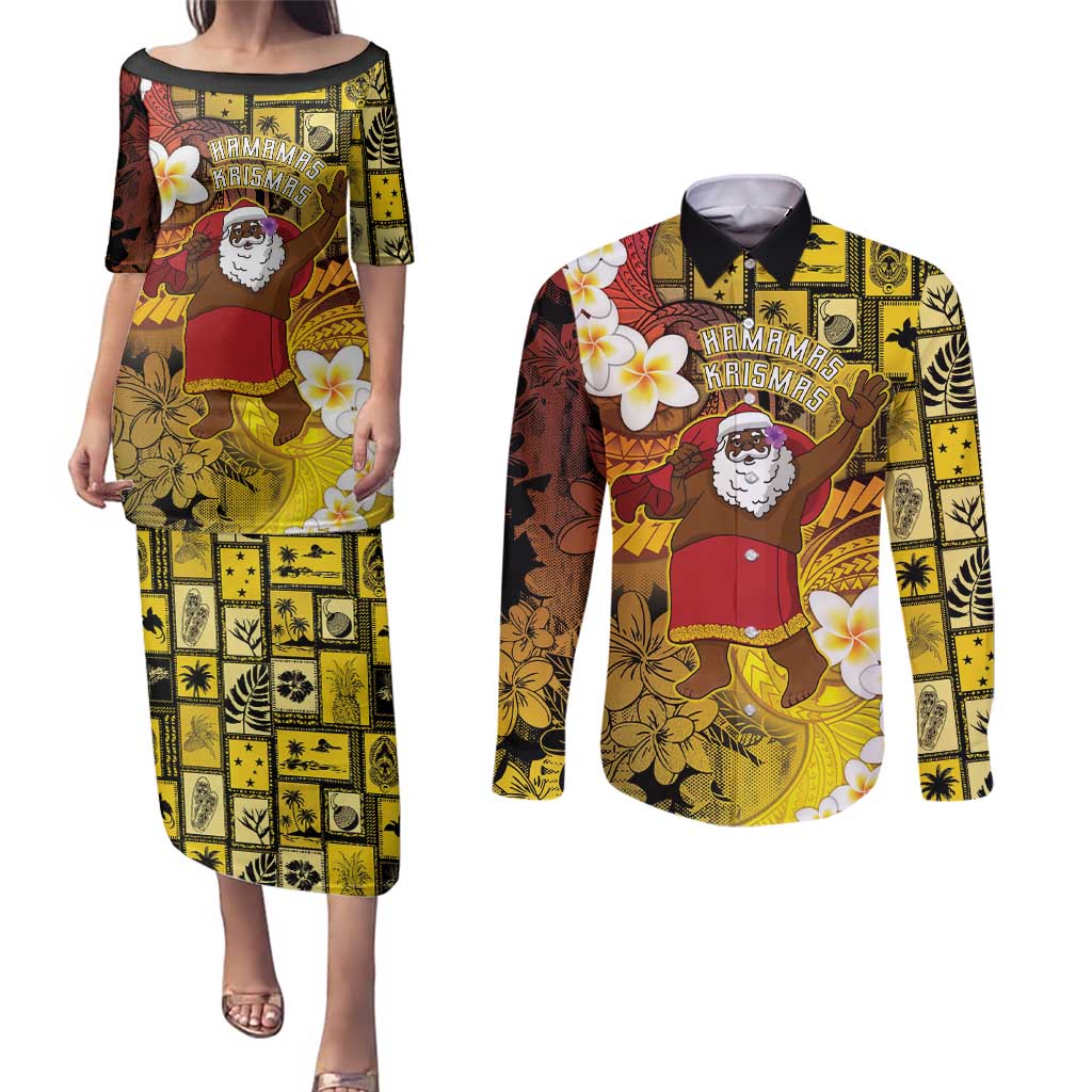 Papua New Guinea Retro Christmas Couples Matching Puletasi and Long Sleeve Button Shirt Hamamas Krismas - Polynesian Pride