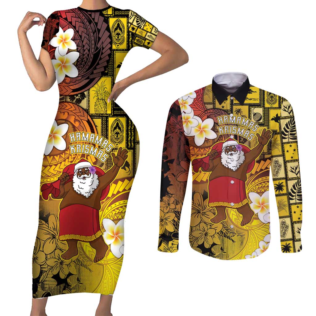 Papua New Guinea Retro Christmas Couples Matching Short Sleeve Bodycon Dress and Long Sleeve Button Shirt Hamamas Krismas - Polynesian Pride