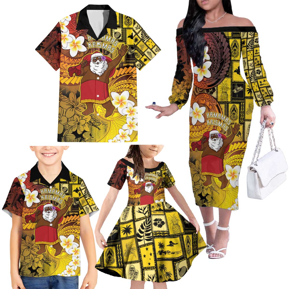 Papua New Guinea Retro Christmas Family Matching Off The Shoulder Long Sleeve Dress and Hawaiian Shirt Hamamas Krismas - Polynesian Pride