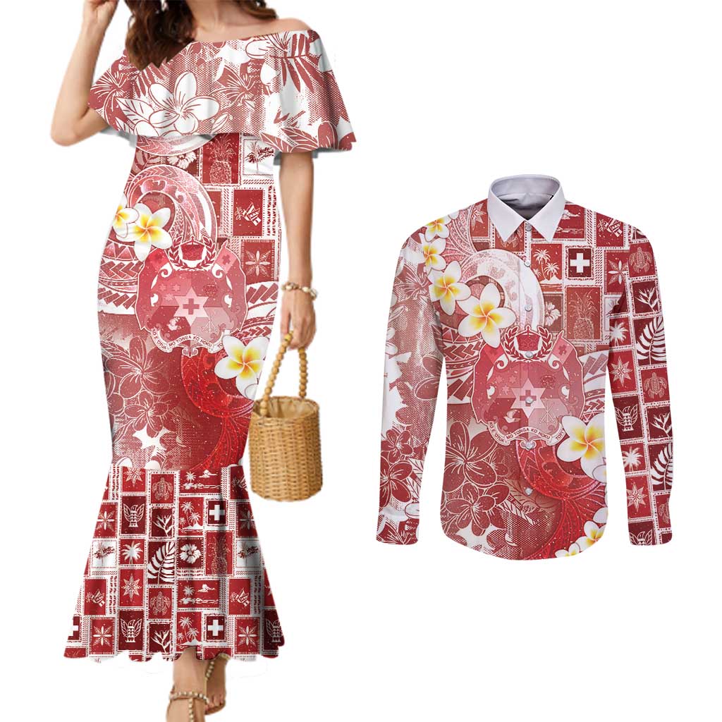 Tonga Christmas Couples Matching Mermaid Dress and Long Sleeve Button Shirt Kilisimasi Fiefia Retro Style Red - Polynesian Pride