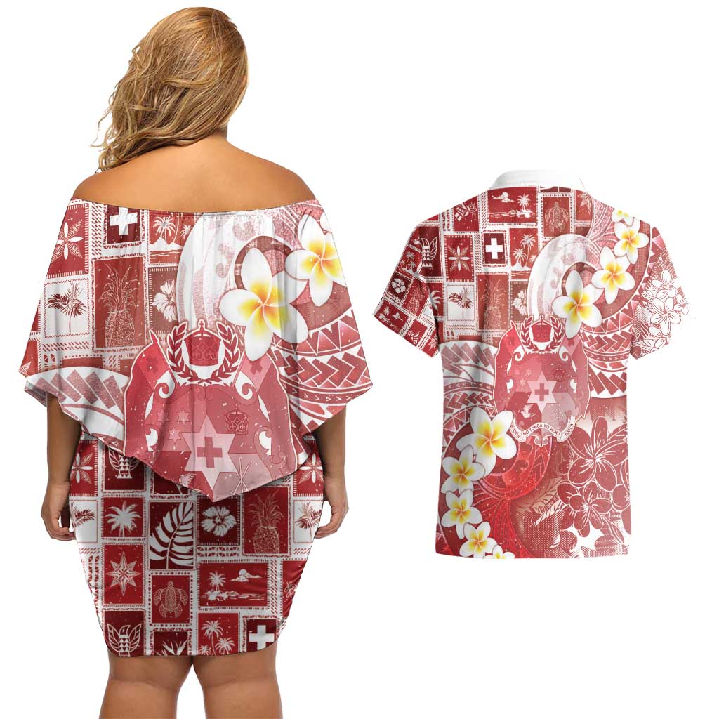 Tonga Christmas Couples Matching Off Shoulder Short Dress and Hawaiian Shirt Kilisimasi Fiefia Retro Style Red - Polynesian Pride