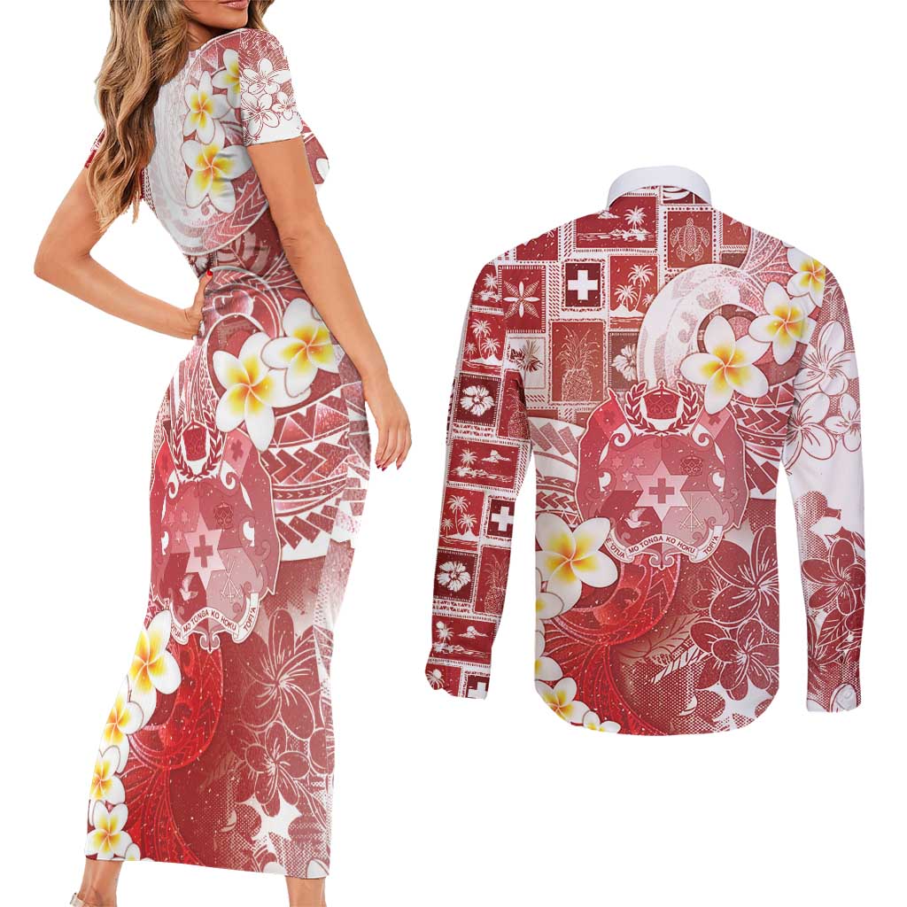 Tonga Christmas Couples Matching Short Sleeve Bodycon Dress and Long Sleeve Button Shirt Kilisimasi Fiefia Retro Style Red - Polynesian Pride