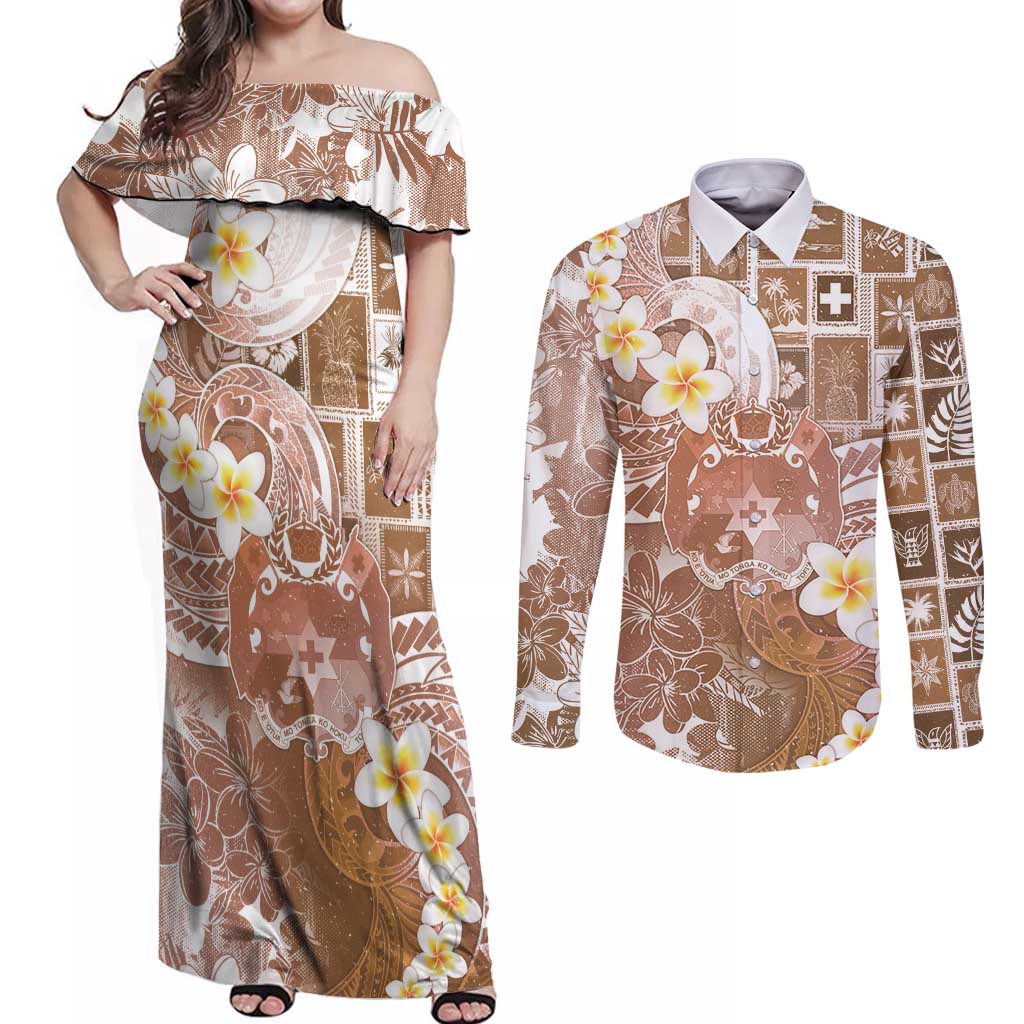 Tonga Christmas Couples Matching Off Shoulder Maxi Dress and Long Sleeve Button Shirt Kilisimasi Fiefia Retro Style Brown - Polynesian Pride