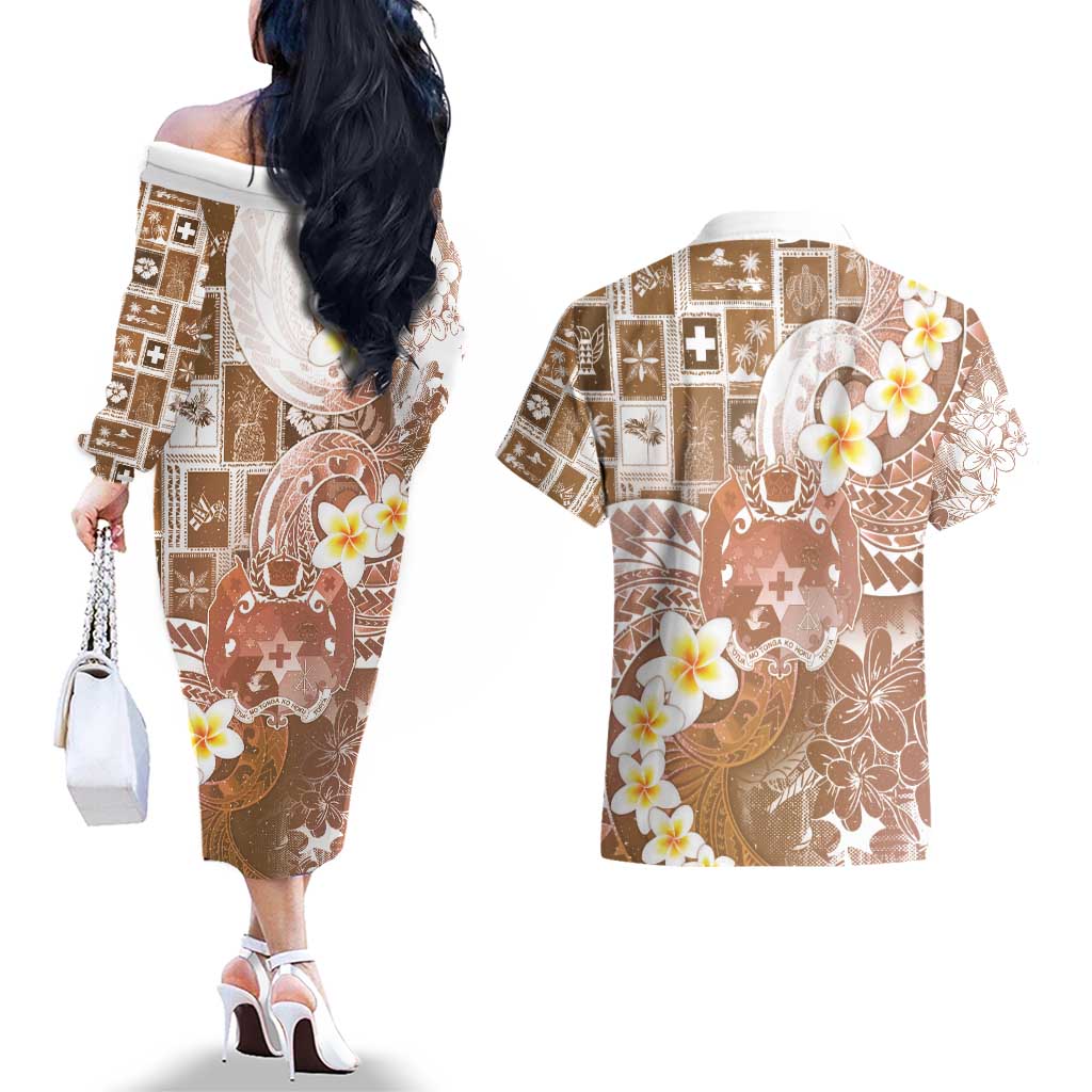 Tonga Christmas Couples Matching Off The Shoulder Long Sleeve Dress and Hawaiian Shirt Kilisimasi Fiefia Retro Style Brown - Polynesian Pride