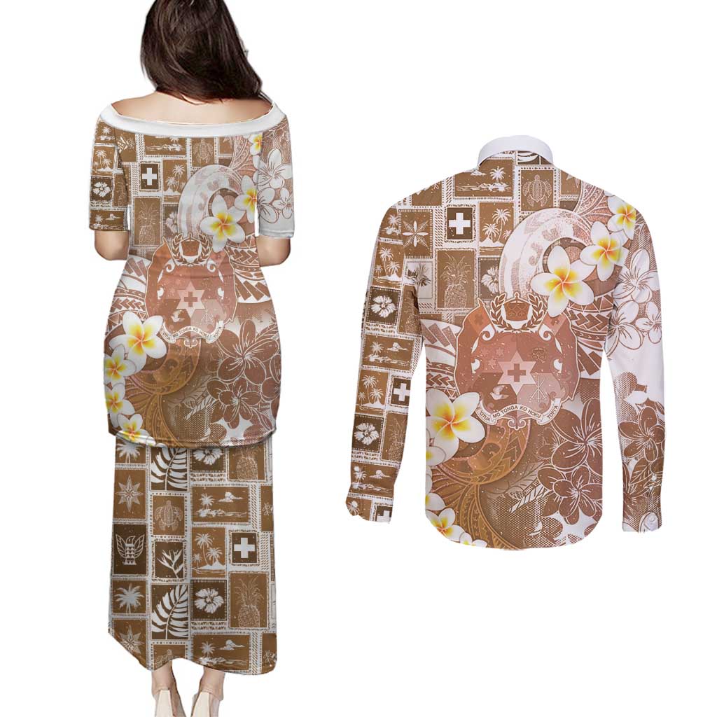 Tonga Christmas Couples Matching Puletasi and Long Sleeve Button Shirt Kilisimasi Fiefia Retro Style Brown - Polynesian Pride