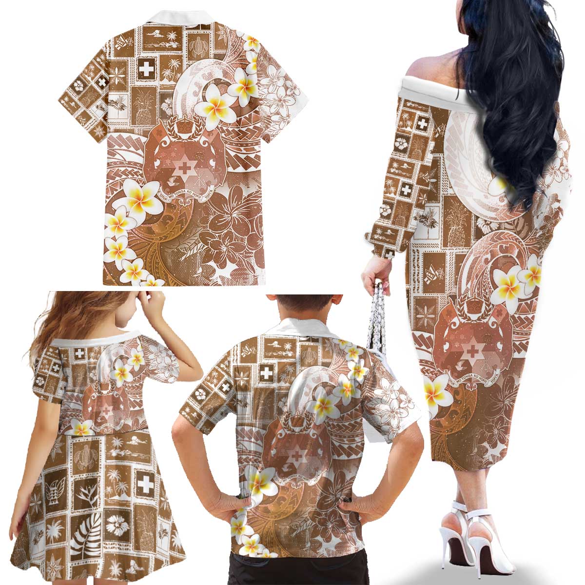Tonga Christmas Family Matching Off The Shoulder Long Sleeve Dress and Hawaiian Shirt Kilisimasi Fiefia Retro Style Brown - Polynesian Pride