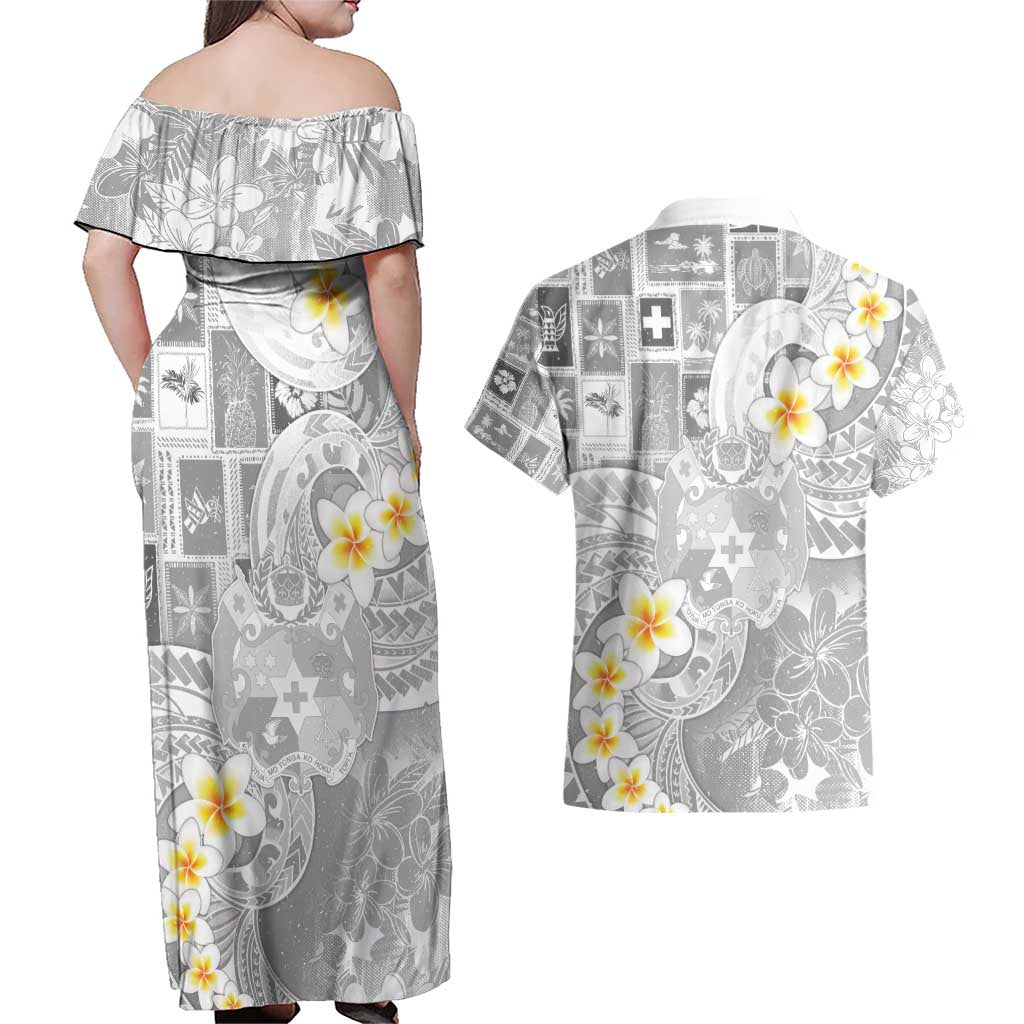 Tonga Christmas Couples Matching Off Shoulder Maxi Dress and Hawaiian Shirt Kilisimasi Fiefia Retro Style White - Polynesian Pride
