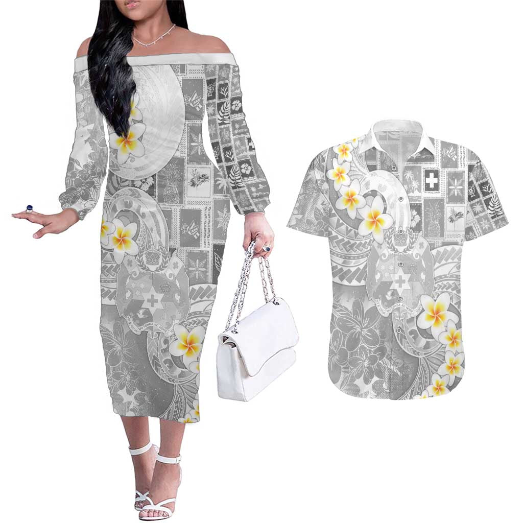 Tonga Christmas Couples Matching Off The Shoulder Long Sleeve Dress and Hawaiian Shirt Kilisimasi Fiefia Retro Style White - Polynesian Pride
